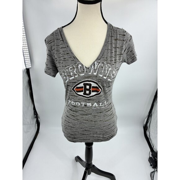 NFL Cleveland Browns Womens V Neck T Shirt Size S Gray Distressed Football Tee - Picture 1 of 7